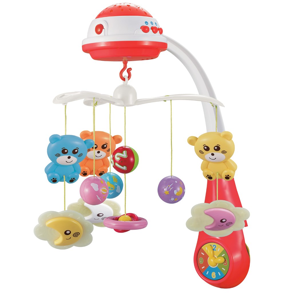 Kolotoč nad postýlku se světelným projektorem Baby Mix red medvídci